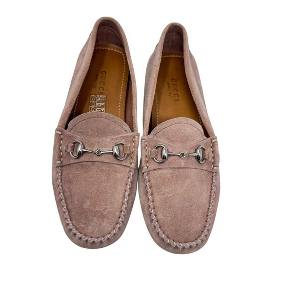 Gucci Women's Jordaan driving Loafers blush pink suede horsebit shoes size 35.5 - Picture 5 of 15